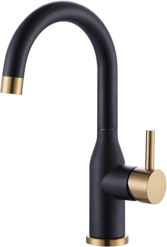 WOWOW Black and Gold Modern Single Handle Bar Faucet, 1 Hole, 360 Swivel, RV Sink Faucet, Mini Bar Tap with Water Supply Hoses