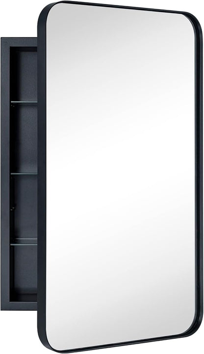Matt Black Rectangle Recessed Bathroom Medicine Cabinet with Mirror Stainless Steel Metal Framed Rounded Rectangular Bathroom Cabinet with Mirror 16.5x27.5''