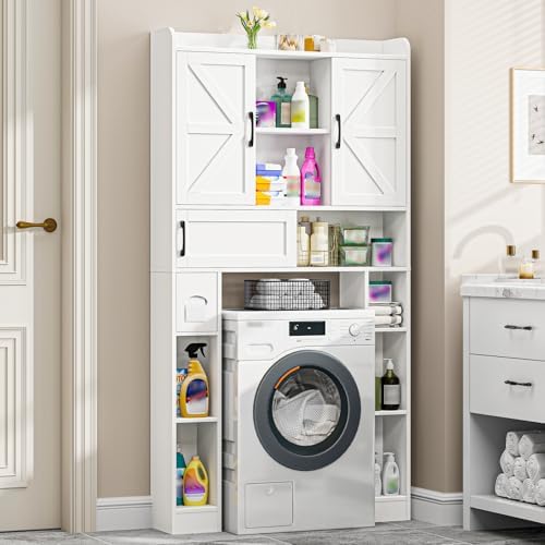 Vabches Over The Toilet Cabinet with 2 Barn Doors & Sliding Door,White