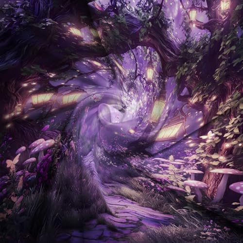Fantasy Forest Path Shower Curtain Purple Fairy Magical Enchanted Misty Jungle Mushroom Floral Tree Butterfly Lantern Wonderland Bath Curtain Fabric Bathroom Accessories Decor with Hooks 70W x84L