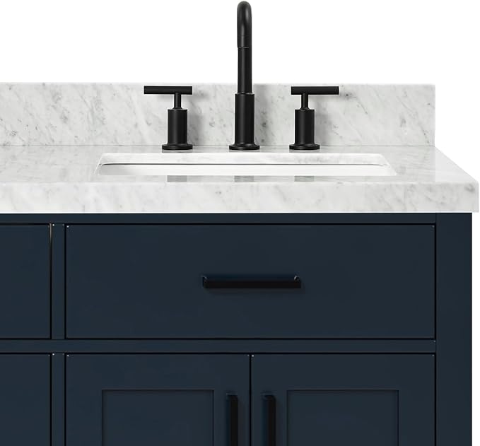 ARIEL Hepburn 66-inch Bathroom Vanity with Sink,Solid Wood, 1.5-inch Italian Carrara Marble Countertop, Double Rectangular Porcelain Sink, 4 Soft Closing Doors, 6 Dovetail Drawers, Midnight Blue