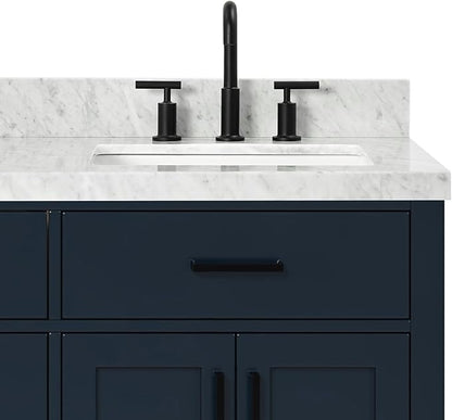 ARIEL Hepburn 66-inch Bathroom Vanity with Sink,Solid Wood, 1.5-inch Italian Carrara Marble Countertop, Double Rectangular Porcelain Sink, 4 Soft Closing Doors, 6 Dovetail Drawers, Midnight Blue
