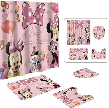 Cute Cartoon Shower Curtain Set 4 Piece with Non-Slip Rugs, Toilet Lid Cover and Bath Mat Cartoon Bathroom Decor 72 x 72inch (Minnie)