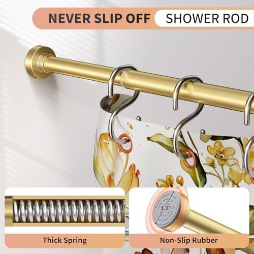 Gold Shower Curtain Rod 34-82 Inches(2.8-6.8ft) Never Rust Adjustable Shower Rod Spring Tension Non Slip No Drilling Shower Rods for Bathroom Garland Window