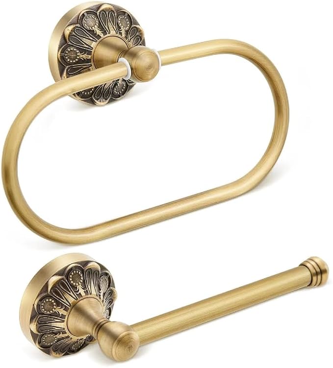 Antique Brass Bathroom Accessories, Solid Copper Towel Ring & Paper Holder, Vintage Wall Mount Hardware with Antique Bronze Finish (Single or Set) (Towel Ring + Paper Holder Set (2-Piece))