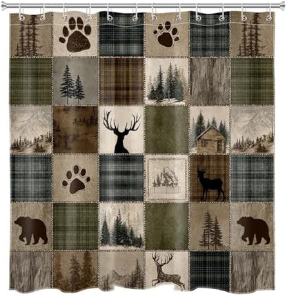 Rustic Cabin Forest Shower Curtain for Bathroom, Wild Animal Bear and Deer Brown Vintage Plaid Patchwork Shower Curtain Set Country Bathroom Decor Accessories with Hooks, 72W X 72L inches