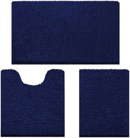 HOMEIDEAS Navy Blue Chenille Bathroom Rugs Set of 3, Non Slip Bath Mat
