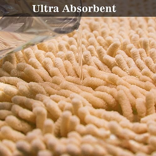 Half Round Bath Mat Beige Bathroom Rugs Semicircle Chenille Bath Rugs Water Absorbent Floor Mats for Kids Washable Bathroom Shower Mat Area Rugs (19.2" x 31.1")