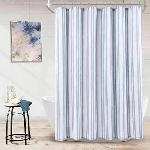 ORTIGIA Blue Striped Shower Curtain 72x72 Inch, Waffle Textured Heavy Duty Thick Cloth Fabric Shower Curtains with 12 Metal Hooks,Blue and White Bath Bathroom Shower Curtain
