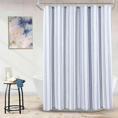 ORTIGIA Blue Striped Shower Curtain 72x72 Inch, Waffle Textured Heavy Duty Thick Cloth Fabric Shower Curtains with 12 Metal Hooks,Blue and White Bath Bathroom Shower Curtain