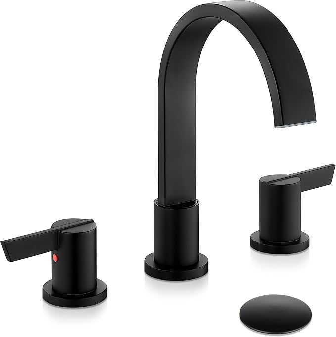 Midanya 8 Inch Widespread Bathroom Sink Faucet 3 Hole,Matte Black | Waterfall Swivel Spout,2 Handle,SUS304,with Pop Up Drain,cUPC 24" Water Hose,for 6-16” hole distance vanity,RV,Farmhouse Sink