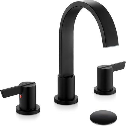 Midanya 8 Inch Widespread Bathroom Sink Faucet 3 Hole,Matte Black | Waterfall Swivel Spout,2 Handle,SUS304,with Pop Up Drain,cUPC 24" Water Hose,for 6-16” hole distance vanity,RV,Farmhouse Sink