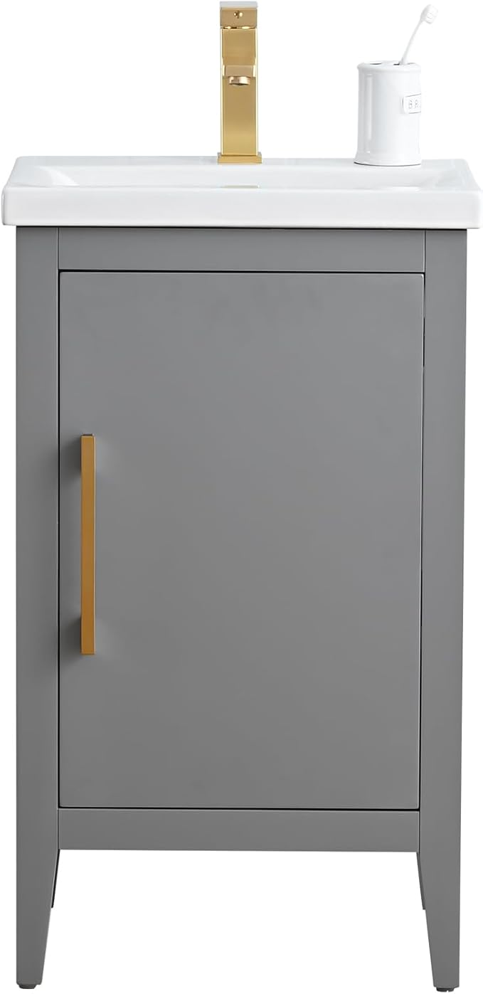 Vanity Art 20 inch Bathroom Vanity with Single Sink & Ceramic Top, Vanity Cabinet with Soft-Closing Doors, Solid Wood Frame, Cashmere Gray, VA9020-G-GB1