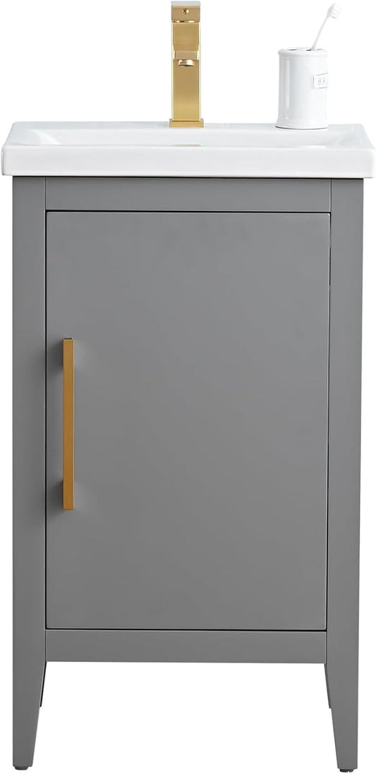 Vanity Art 20 inch Bathroom Vanity with Single Sink & Ceramic Top, Vanity Cabinet with Soft-Closing Doors, Solid Wood Frame, Cashmere Gray, VA9020-G-GB1
