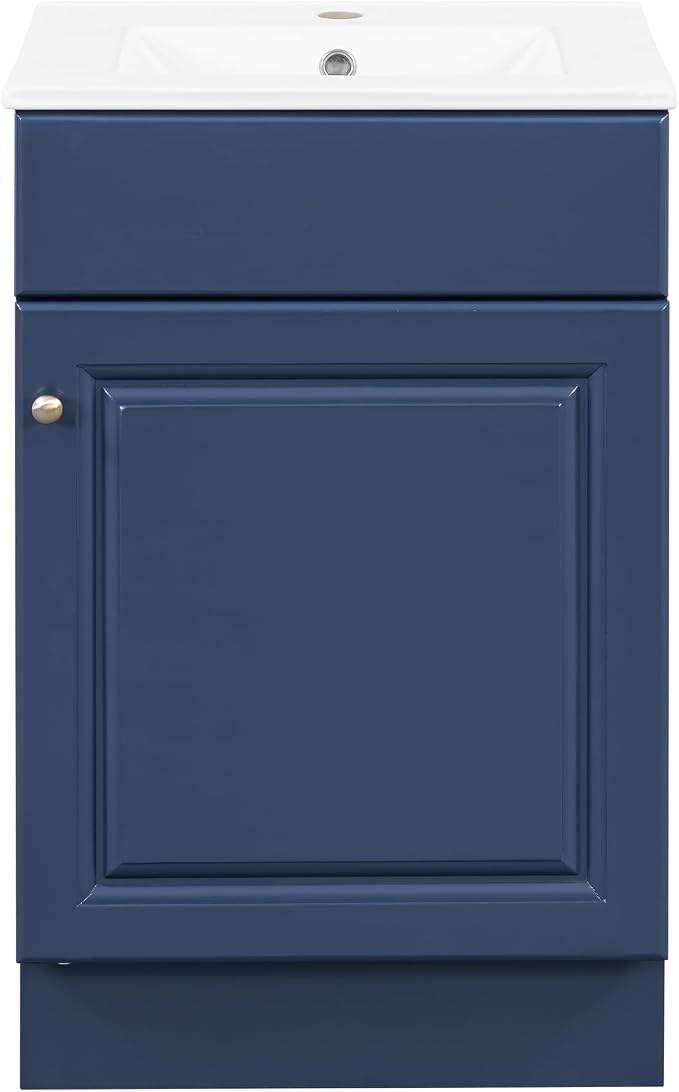 Christopher Knight Home Vanes Wood Frame 20" Bathroom Vanity with Ceramic Sink, Cabinet with Soft-Closing Door Shelf and Adjustable Shelf, Open Back, Metal Hardware, Storage/Organizer, Blue