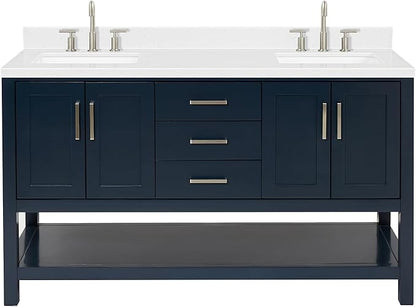 ARIEL Magnolia 60-inch Bathroom Vanity with Sink,Solid Wood, 1.5-inch Carrara White Quartz Countertop, Double Rectangular Porcelain Sink, 4 Soft Closing Doors, 3 Dovetail Drawers, Midnight Blue