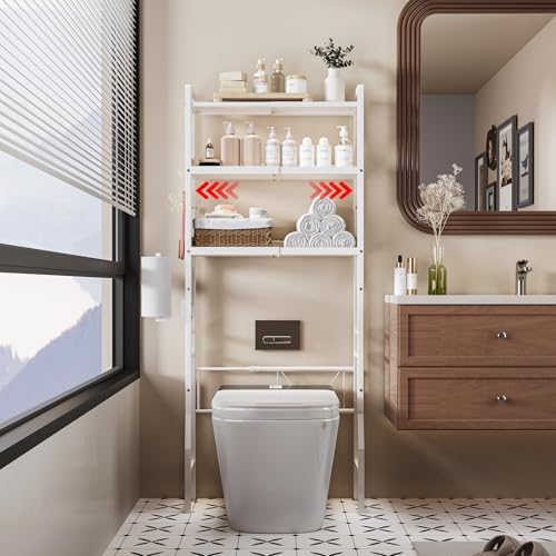 Over the Toilet Storage Shelf 3-Tier Adjustable Bathroom Organizers and Storage Shelves Bathroom Rack Above Toilet Storage with Paper Holder and 4 Hooks Space Saver Storage for Laundry