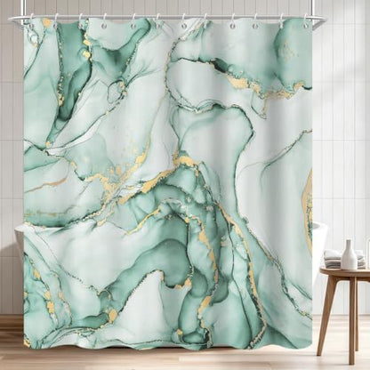 Mint Green Marble Shower Curtain Modern Abstract Luxury Gold Ink Texture Ombre Watercolor Bathroom Curtain Set with Hooks Soft and Lightweight Waterproof Fabric Machine Washable 72" Wx72 L