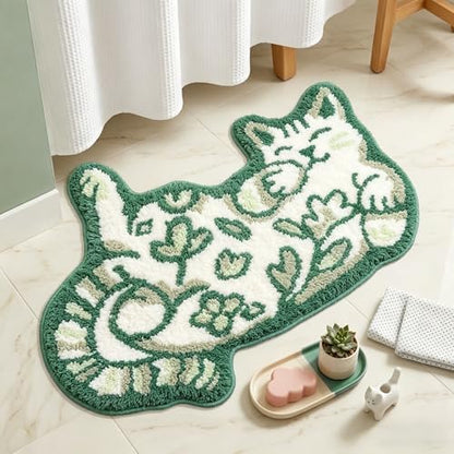 Cute Cat Bath Mat, Unique Green Small Fun Bathroom Rug