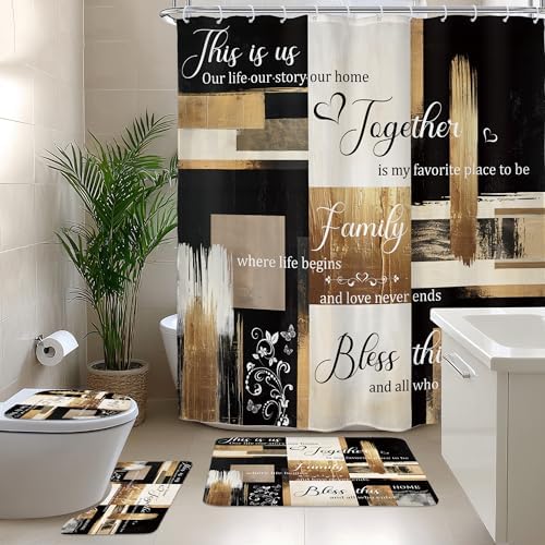 Black Gold Abstract Oil Painting 4Pcs Bathroom Shower Curtain Set with Rugs