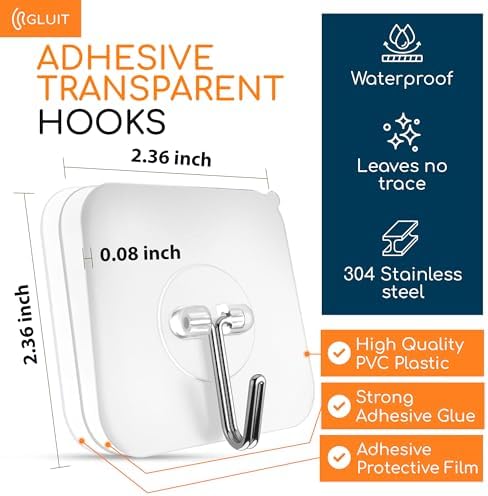 GLUIT Adhesive Wall Hooks for Hanging Heavy Duty No Drill, 22 lbs, 20 pcs