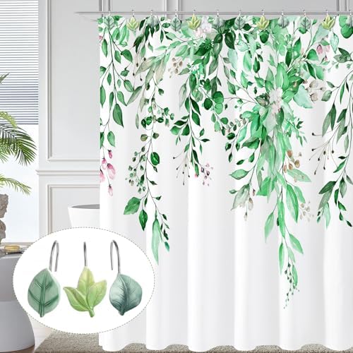 Green Plant Leaf Shower Curtain Hooks,Eucalyptus Bathroom Decor,12PCS