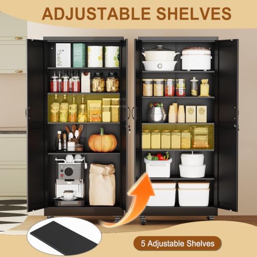 75" Metal Garage Storage Locker Cabinet with Wheels,Rolling Black Farmhouse Kitchen Pantry Cabinet with 2 Doors and 5 Adjustable Shelves, Steel File Tool Cabinet for Home Office Warehouse