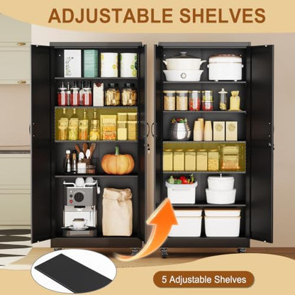 75" Metal Garage Storage Locker Cabinet with Wheels,Rolling Black Farmhouse Kitchen Pantry Cabinet with 2 Doors and 5 Adjustable Shelves, Steel File Tool Cabinet for Home Office Warehouse