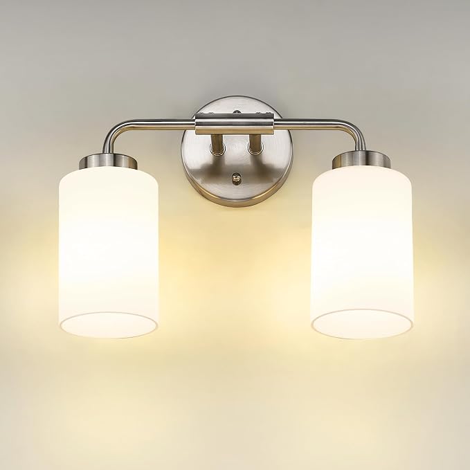 zeyu 2-Light Bathroom Light Fixtures Over Mirror, Modern Wall Sconces for Bathroom, Milky White Glass Shade, Brushed Nickel Finish, ZS62B-2W BN