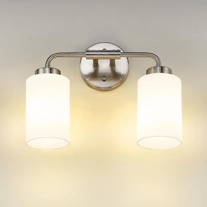 zeyu 2-Light Bathroom Light Fixtures Over Mirror, Modern Wall Sconces for Bathroom, Milky White Glass Shade, Brushed Nickel Finish, ZS62B-2W BN