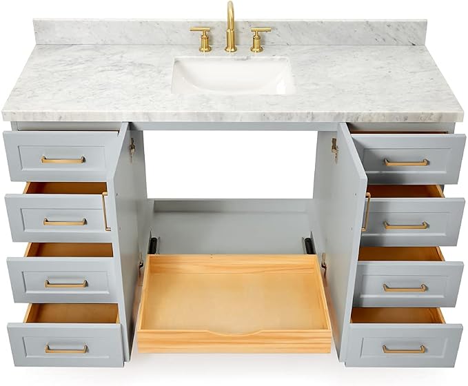 Emilia 60 Inch Bathroom Vanity Single Sink — Grey Bathroom Vanity with Sink, 1.5" Edge Italian Carrara Marble Countertop, Solid Wood, 2 Soft-Close Doors, 9 Dovetail Drawers