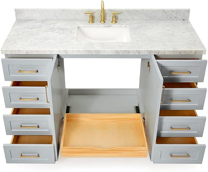 Emilia 60 Inch Bathroom Vanity Single Sink — Grey Bathroom Vanity with Sink, 1.5" Edge Italian Carrara Marble Countertop, Solid Wood, 2 Soft-Close Doors, 9 Dovetail Drawers