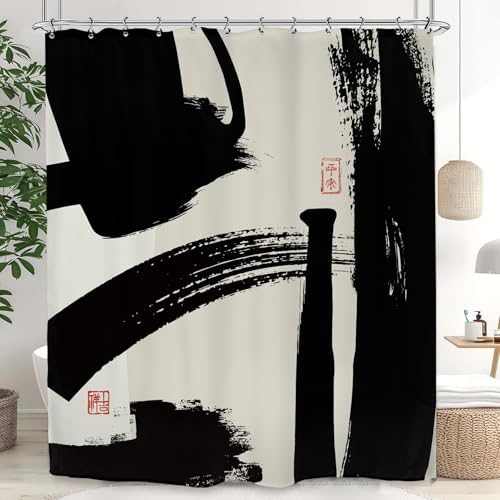 Abstract Black White Shower Curtain 60Wx72L Inch Brushstroke Modern Minimalist Contemporary Geometric Artwork Line Bathroom Set Accessories Decor with 12 Pack Hooks