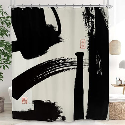 Abstract Black White Shower Curtain 60Wx72L Inch Brushstroke Modern Minimalist Contemporary Geometric Artwork Line Bathroom Set Accessories Decor with 12 Pack Hooks