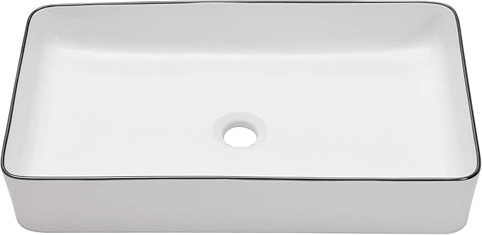 Sarlai Bathroom Sink Rectangular 24"x14" White Vessel Sink with Black Rim Ceramic Porcelain Rectangle Bathroom Vessel Sink Above Counter Vanity Sink Basin