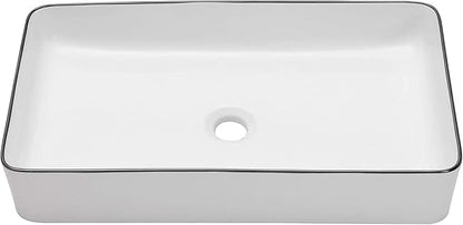 Sarlai Bathroom Sink Rectangular 24"x14" White Vessel Sink with Black Rim Ceramic Porcelain Rectangle Bathroom Vessel Sink Above Counter Vanity Sink Basin