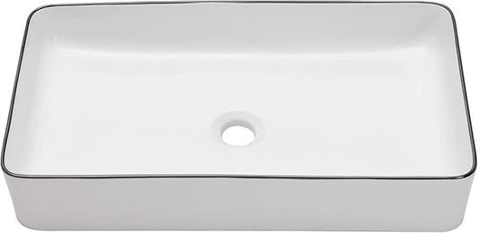 Sarlai Bathroom Sink Rectangular 24"x14" White Vessel Sink with Black Rim Ceramic Porcelain Rectangle Bathroom Vessel Sink Above Counter Vanity Sink Basin
