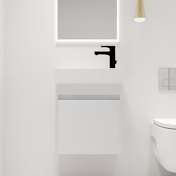 Malwee 18" Floating Bathroom Vanity with Sink, Mordern White Vanity Combo for Small Bathroom, Single Bath Wall Mounted Cabinet Side for Narrow Space, 1 Door and 1 Resin Basin. (005)
