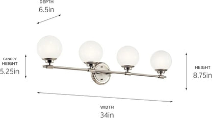 Kichler Benno 4-Light Vanity, Modern Light with Opal Glass in Polished Nickel and Brushed Nickel, for Bathroom or Powder Room (8.75" x 34"), 55173PN
