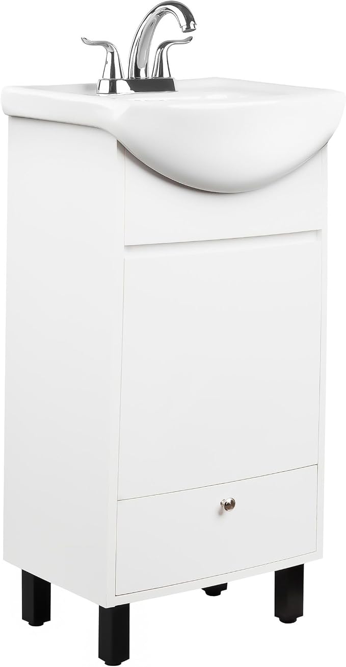 Petite 18 Inch Bathroom Vanity with Sink, Small Freestanding Bathroom Cabinet, Space-Saving Vanity Sink Combo Design, Dual Storage, Satin White
