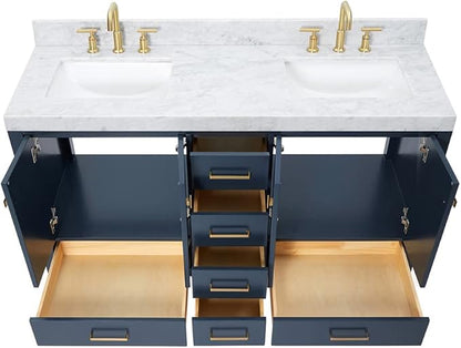 ARIEL Cambridge 60-inch Bathroom Vanity with Sink,Solid Wood, 2-inch Italian Carrara Marble Countertop, Double Rectangular Porcelain Sink, 4 Soft Closing Doors, 6 Dovetail Drawers, Midnight Blue