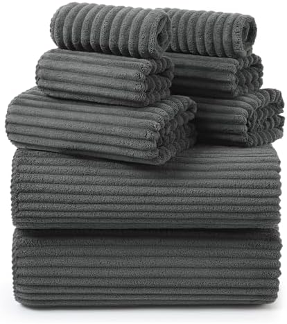 REDKISS Charcoal Gray Bath Towels Set 8 Piece - Microfiber Bathroom Towels of 8 Large, Highly Absorbent Bath Towel, Soft Shower Towel for Bathroom, 2 Bath Sheet 2 Hand 2 Washcloths 2 Hair Towel Wrap