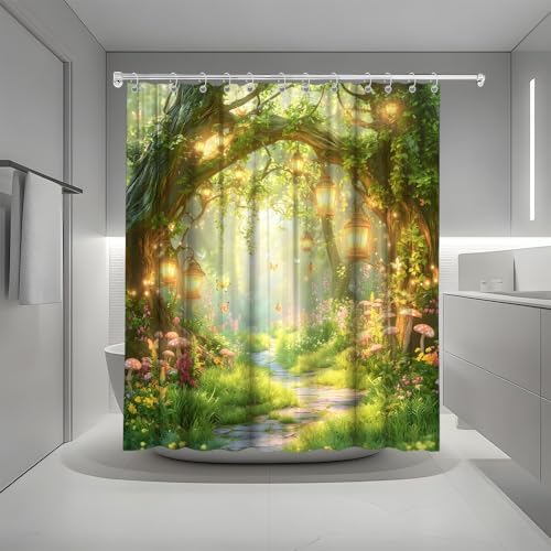 Fantasy Forest Path Shower Curtain Fairy Magical Enchanted Misty Jungle Mushroom Floral Tree Butterfly Lantern Spring Wonderland Bath Curtain Fabric Bathroom Accessories Decor with Hooks 70W x75L