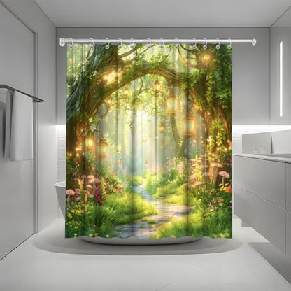 Fantasy Forest Path Shower Curtain Fairy Magical Enchanted Misty Jungle Mushroom Floral Tree Butterfly Lantern Spring Wonderland Bath Curtain Fabric Bathroom Accessories Decor with Hooks 70W x70L