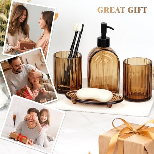Bathroom Accessories Set, 4Pcs Glass Bathroom Accessories Set Complete, 13.5OZ Lotion Soap Dispenser, Toothbrush Holder, Mouthwash Cup, Soap Dish for Bathroom Decor, Countertop Organizer (Amber)