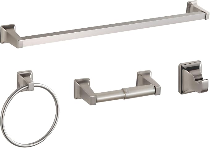 4 Pieces Bathroom Hardware Accessories Set, Stainless Steel 24 inch Towel Bar, Towel Rack, Robe Hook, Toilet Paper Holder for Bathroom Wall Mounted (Brushed Nickel)