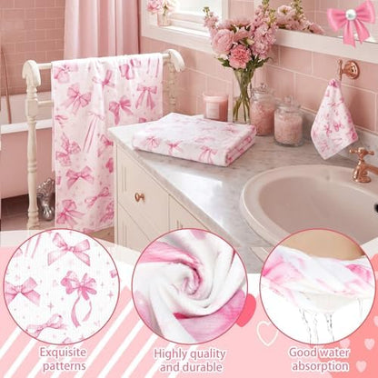 Moukeren Set of 3 Pink Bow Bath Towels, Decorative Towels for Bathroom