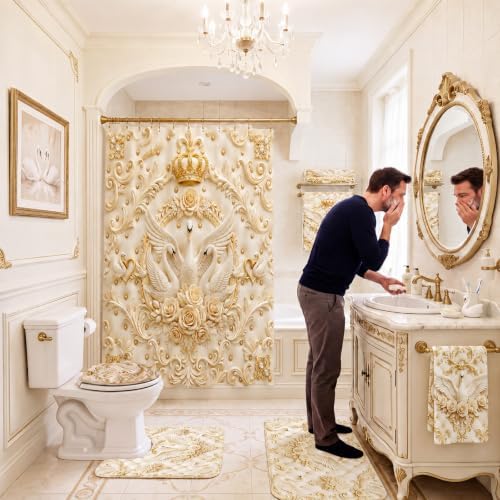 FuWeave 8 Pcs Gold Crown Swan Shower Curtain Set for Bathroom Include 3D Luxury Floral Swan Relief Pearl Shower Curtain Towels Non Slip Rugs Toilet Lid Cover Bath Mat and 12 Hooks for Bathroom Decor