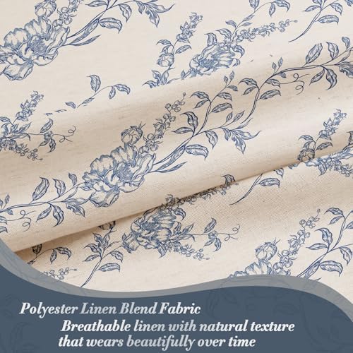 Blue Linen Farmhouse Shower Curtain, Boho Floral Bathroom 72x84