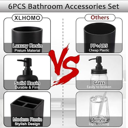 XLHOMO Resin 6 Pcs Black Bathroom Accessories Set - Countertop Organizer